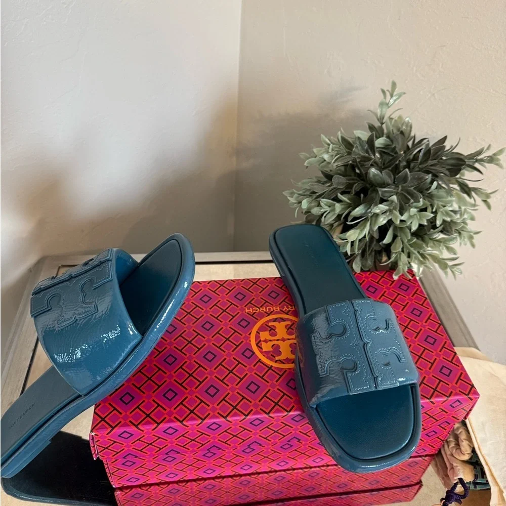 TORY BURCH Double-T Leather Sport Slide Sandal Size 9
